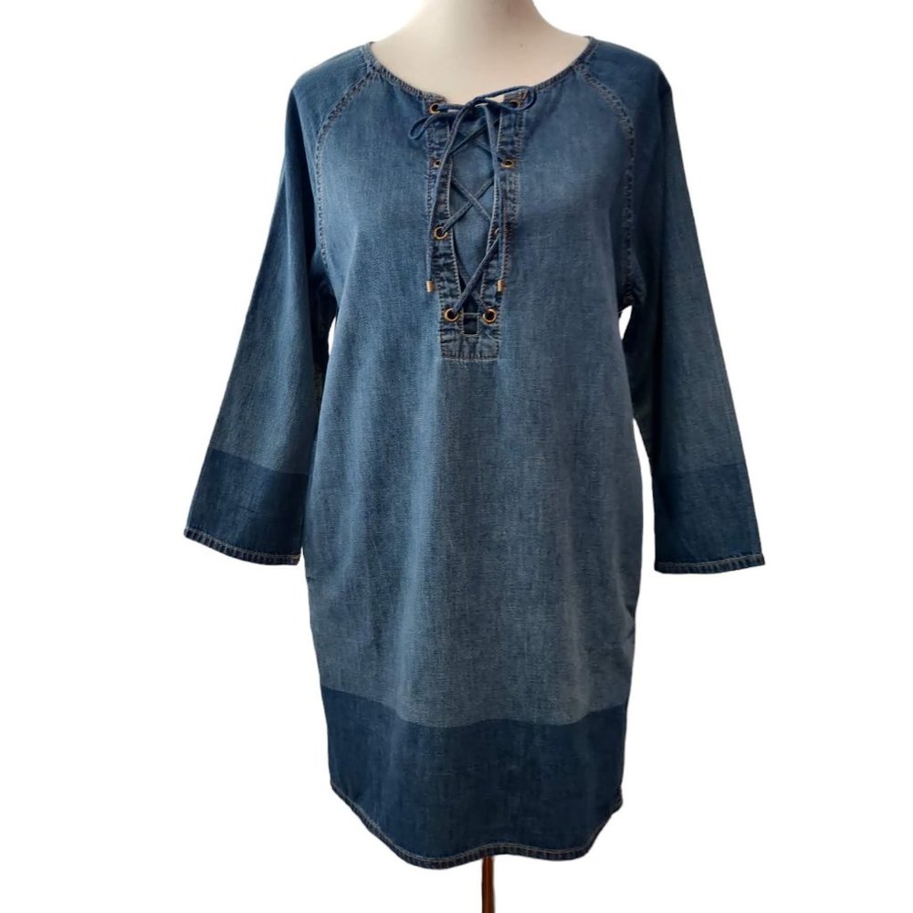 lauren ralph lauren denim cotton shift dress | Dresses | Lauren Ralph Lauren Womens Two Tone Blue Lace Up Pockets Pm Denim sleeveless Spring 26-Q1 Shadow Bodycon Button Up Talla:0 100% responsibly sourced cotton